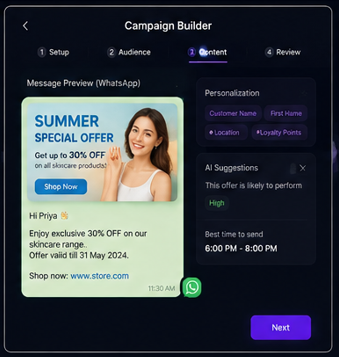 Gyasee campaign builder with WhatsApp preview and AI suggestions